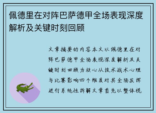 佩德里在对阵巴萨德甲全场表现深度解析及关键时刻回顾