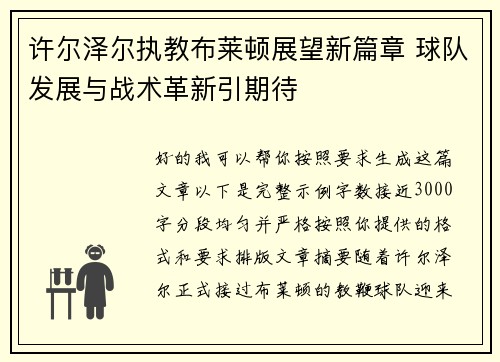 许尔泽尔执教布莱顿展望新篇章 球队发展与战术革新引期待 许尔泽尔执教布莱顿展望新篇章 球队发展与战术革新引期待